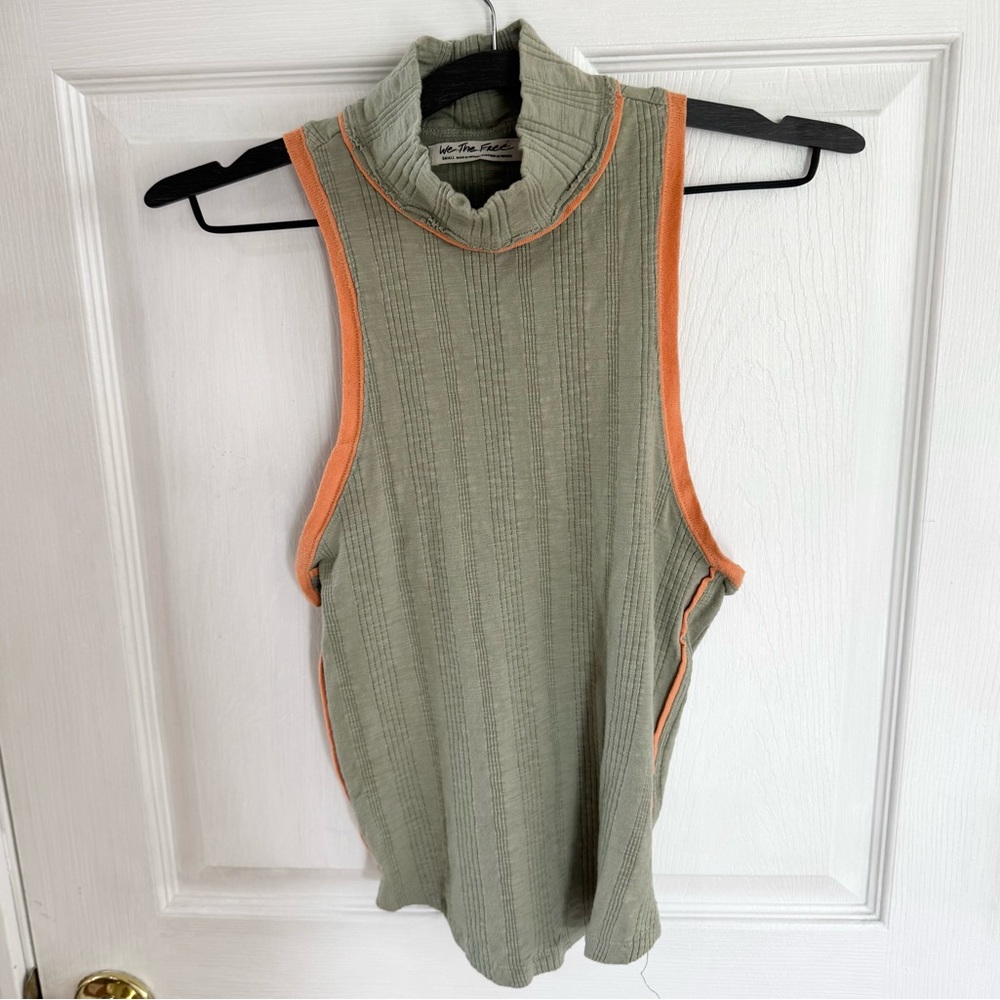 We the Free Free People Olive Green Sleeveless Top with Orange Trim SMALL